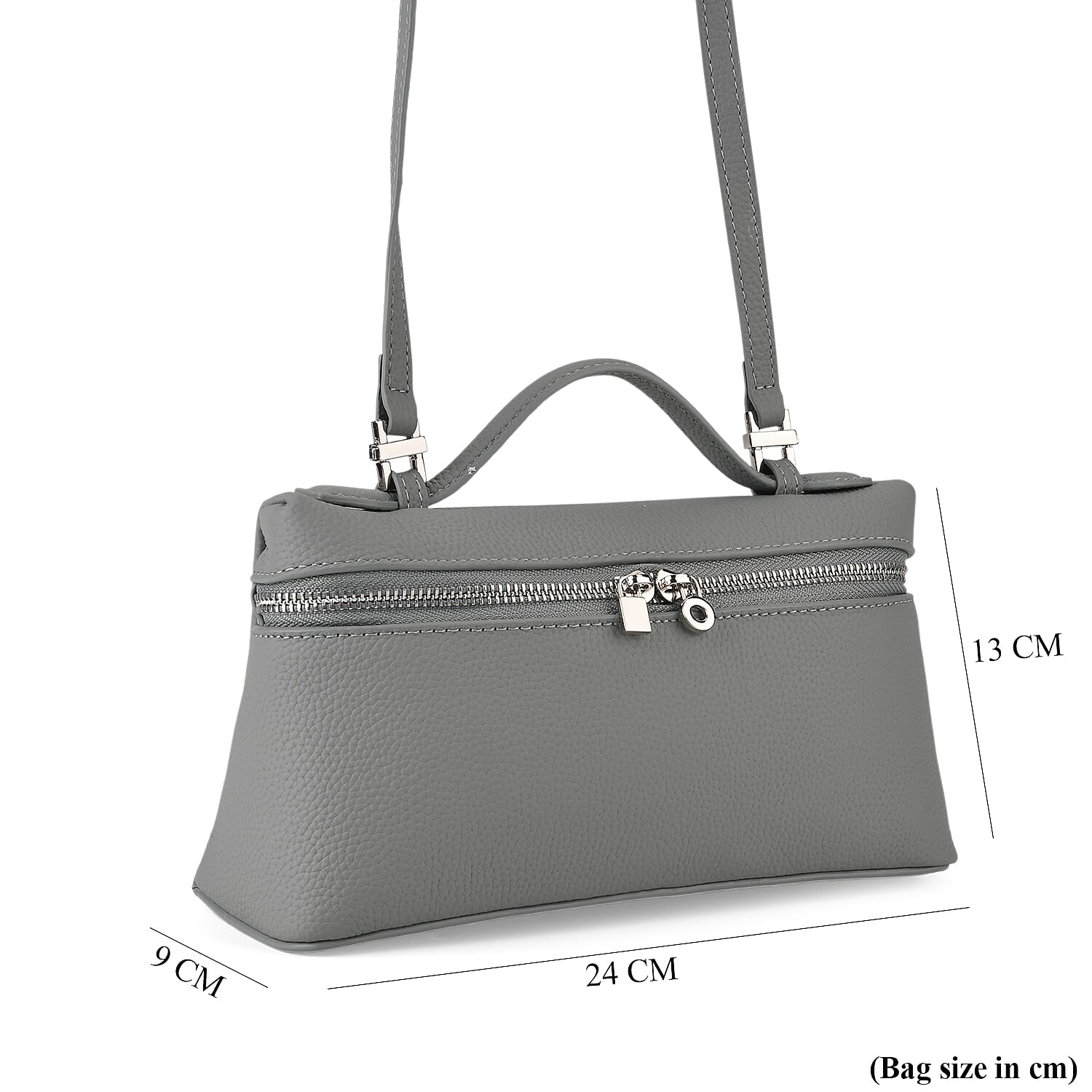 Genuine Leather Designer Minimalist Zipper Crossbody Top Handle Box Bag - Light Grey