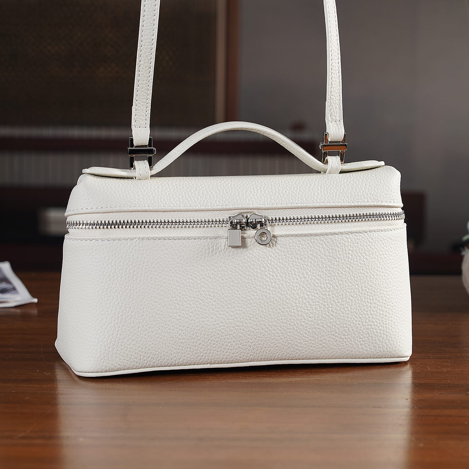 Genuine Leather Designer Minimalist Zipper Crossbody Top Handle Box Bag - Off White