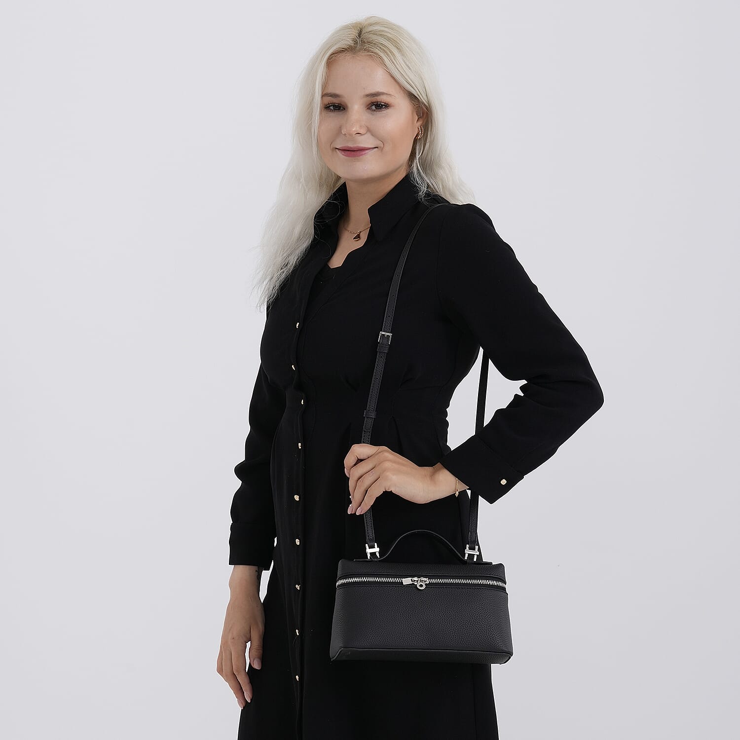 Genuine Leather Designer Minimalist Zipper Crossbody Top Handle Box Bag - Black