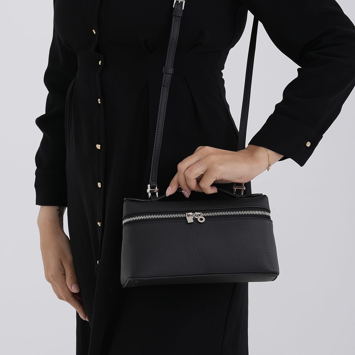 Genuine Leather Designer Minimalist Zipper Crossbody Top Handle Box Bag - Black