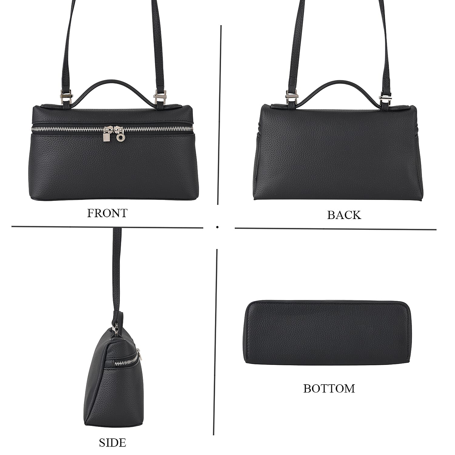 Genuine Leather Designer Minimalist Zipper Crossbody Top Handle Box Bag - Black