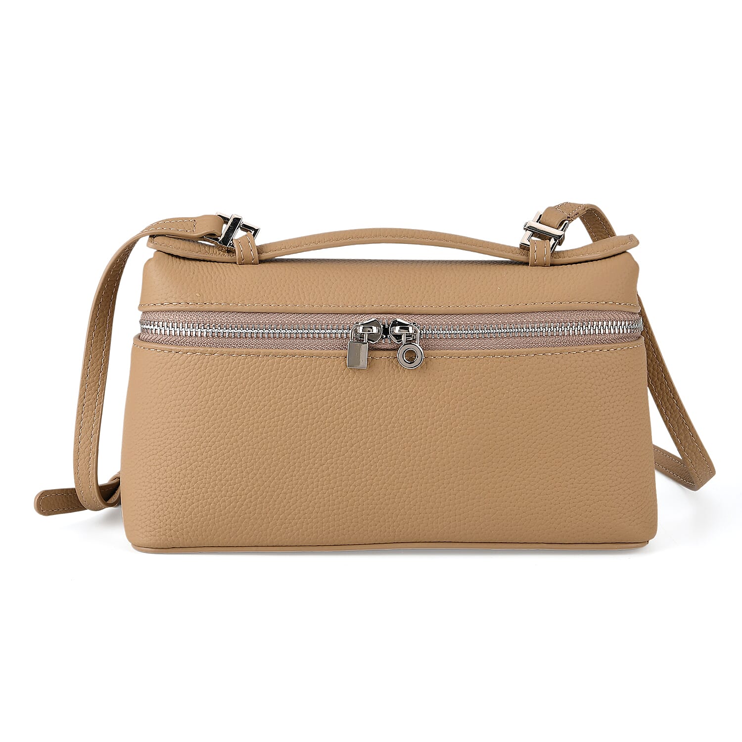 Genuine Leather Designer Minimalist Zipper Crossbody Top Handle Box Bag - Khaki