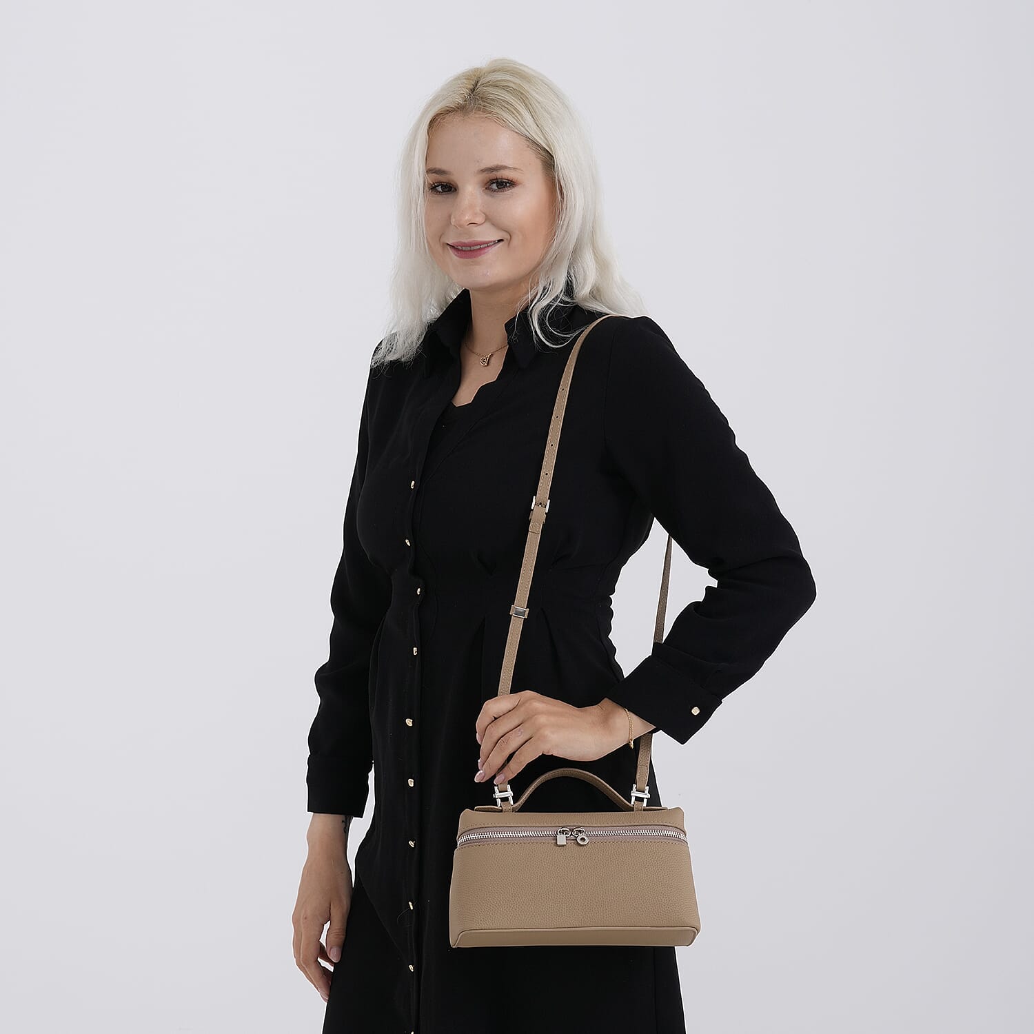 Genuine Leather Designer Minimalist Zipper Crossbody Top Handle Box Bag - Khaki