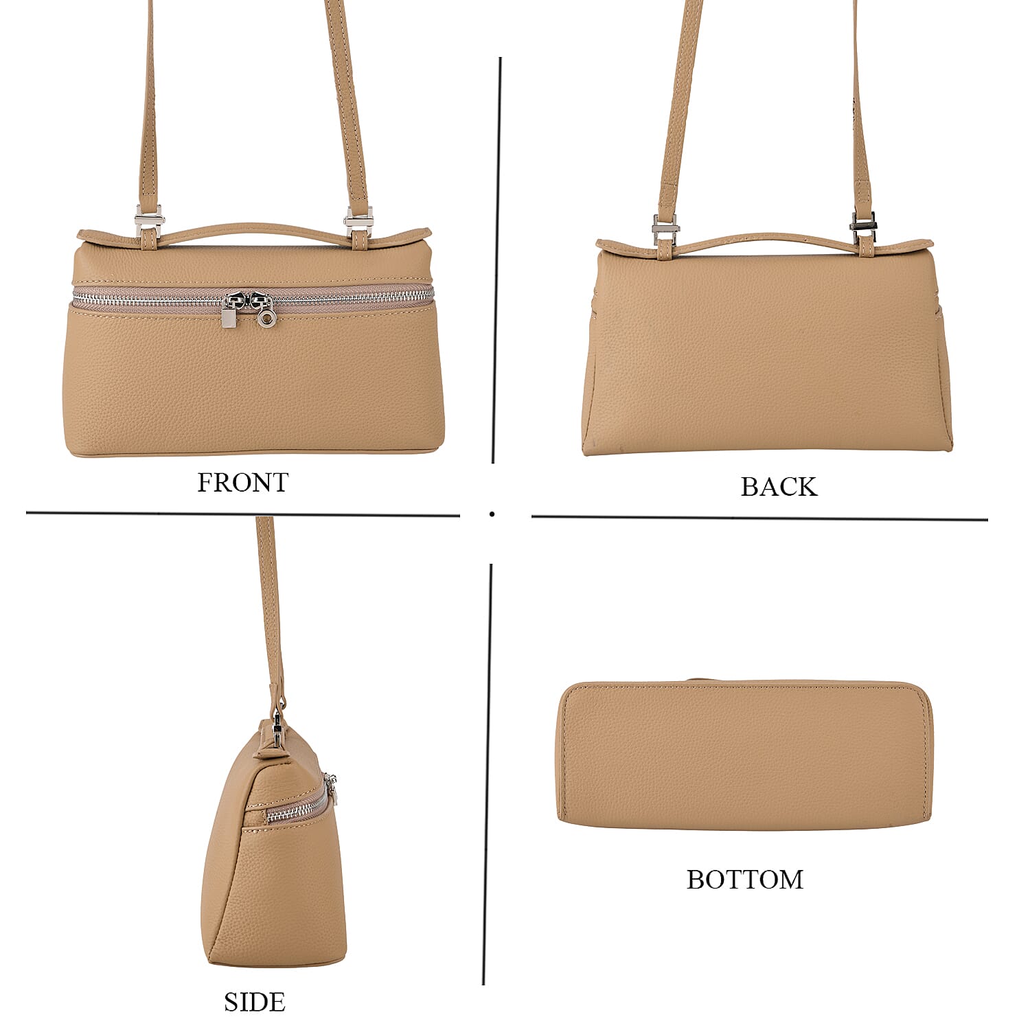 Genuine Leather Designer Minimalist Zipper Crossbody Top Handle Box Bag - Khaki