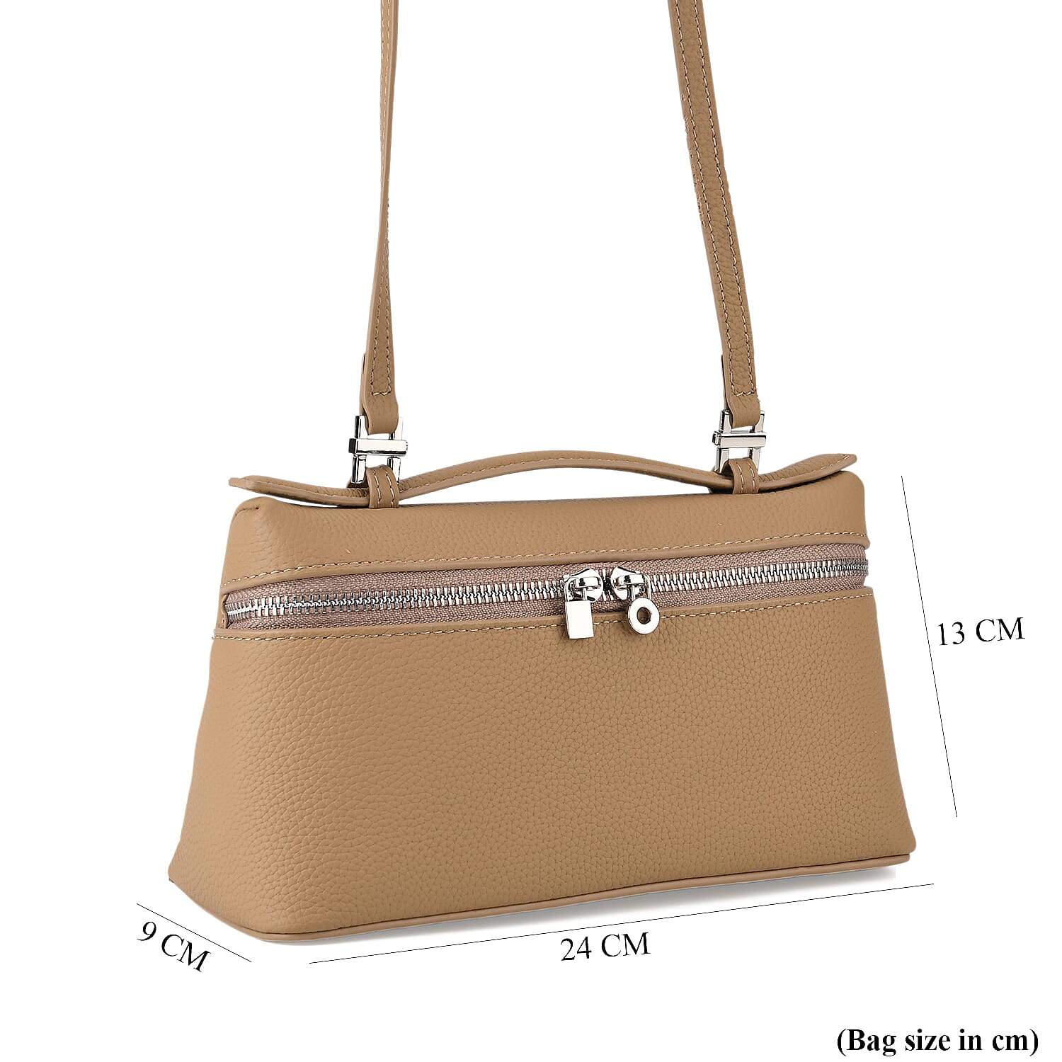 Genuine Leather Designer Minimalist Zipper Crossbody Top Handle Box Bag - Khaki