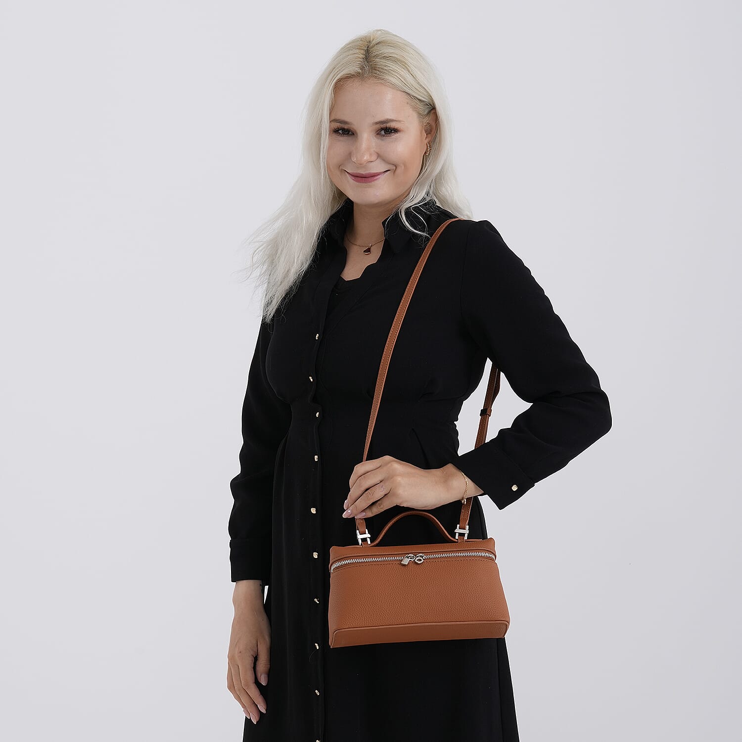 Genuine Leather Designer Minimalist Zipper Crossbody Top Handle Box Bag - Tan