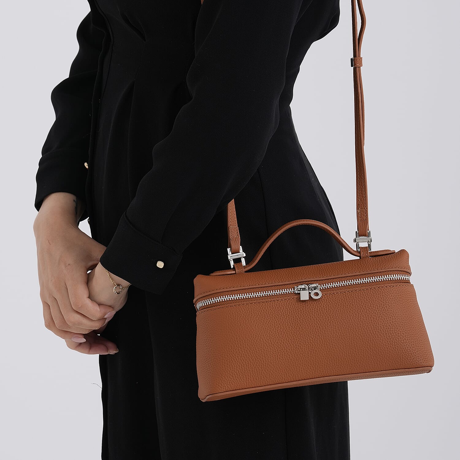 Genuine Leather Designer Minimalist Zipper Crossbody Top Handle Box Bag - Tan