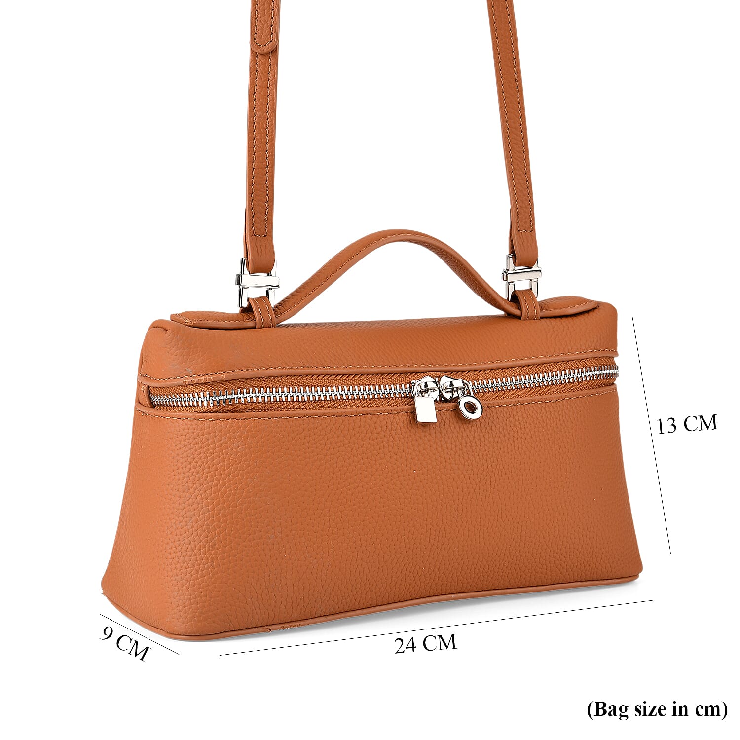 Genuine Leather Designer Minimalist Zipper Crossbody Top Handle Box Bag - Tan