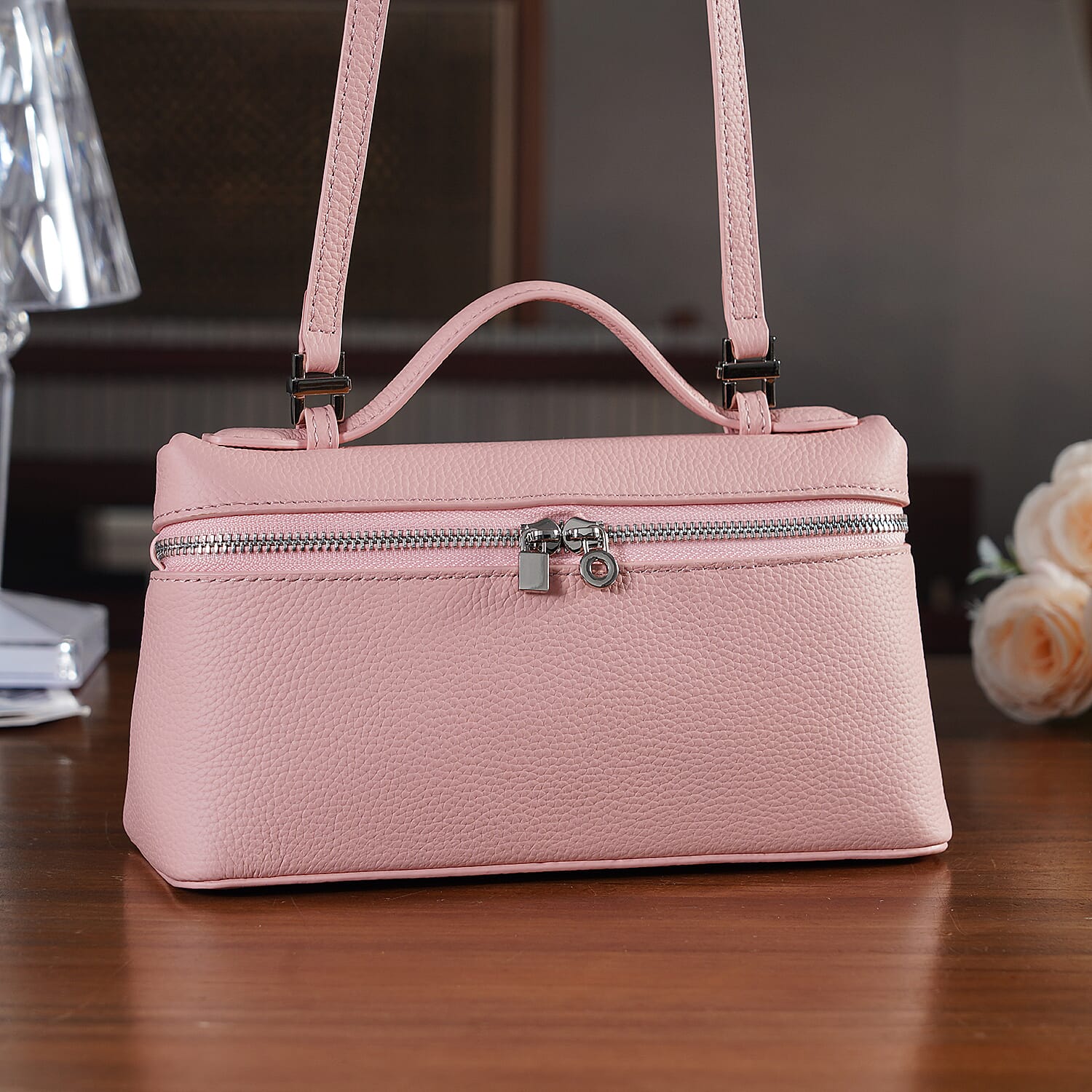 Genuine Leather Designer Minimalist Zipper Crossbody Top Handle Box Bag - Light Pink