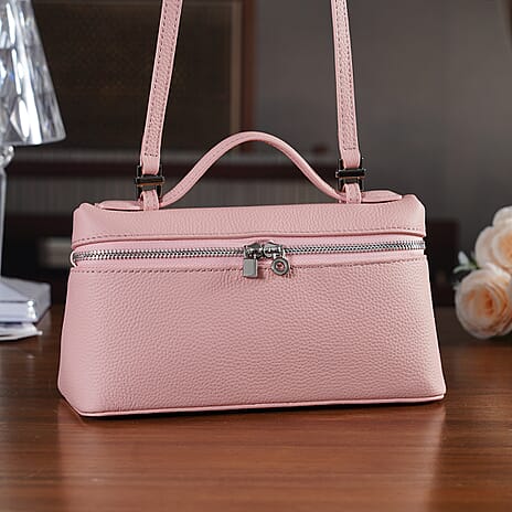 Genuine Leather Designer Minimalist Zipper Crossbody Top Handle Box Bag - Light Pink