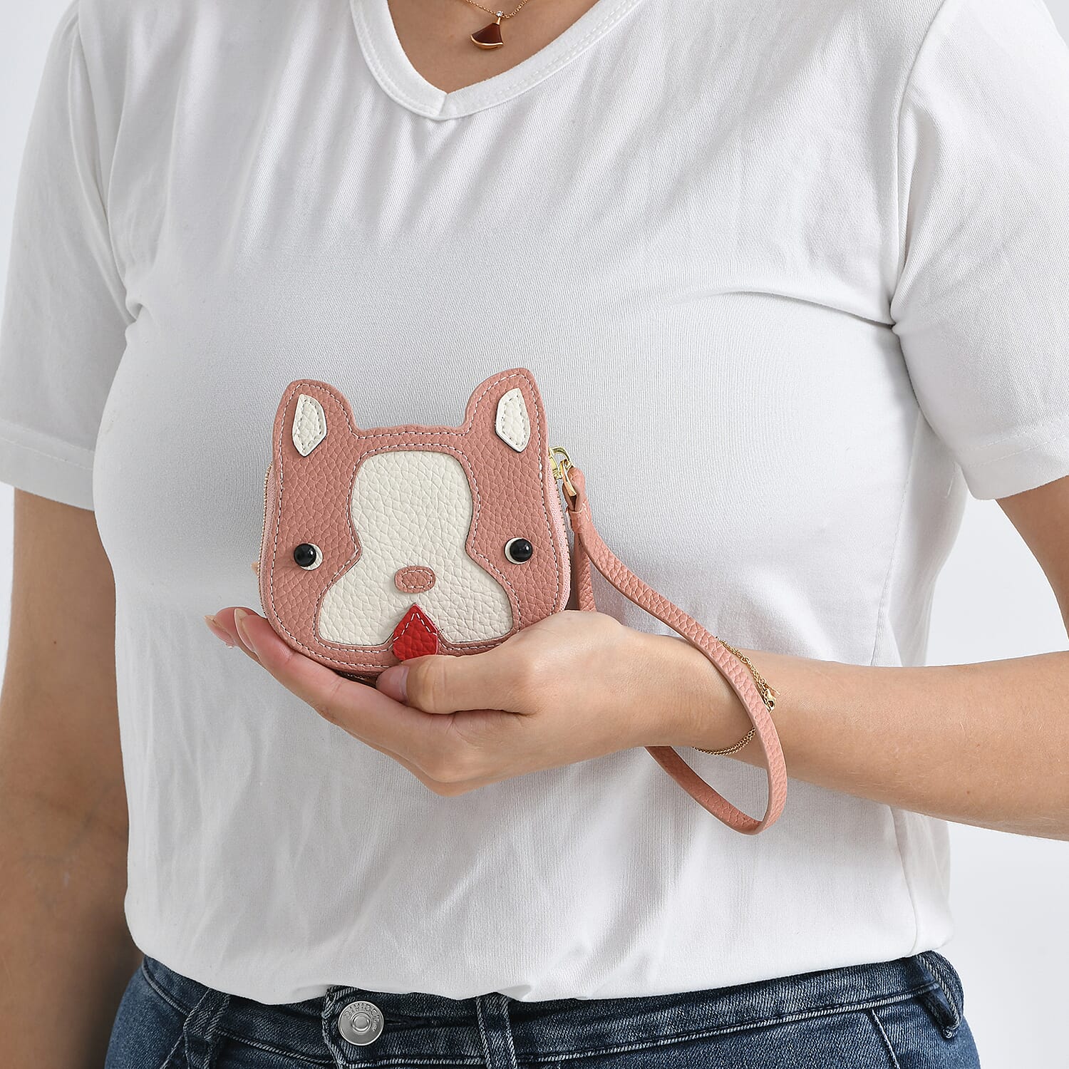 Genuine Leather RFID- Blocking Boston Terrier Wallet with Clasp - Dusty Pink