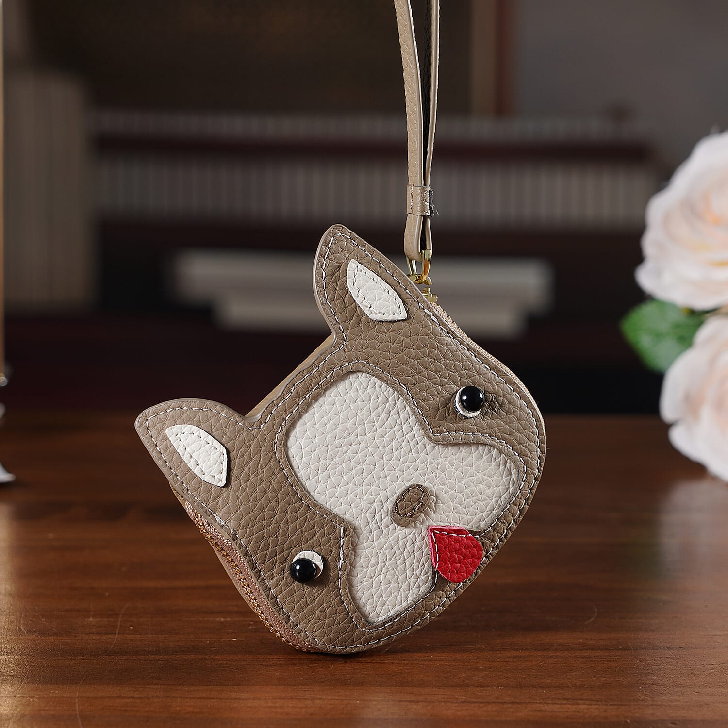 Genuine Leather RFID- Blocking Boston Terrier Wallet with Clasp - Khaki