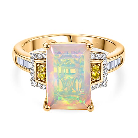 Biggest Size - Faceted Ethiopian Opal & Yellow Diamond & White Diamond Ring in 18K Vermeil Yellow Gold Plated Sterling Silver 2.63 Ct. Biggest Size - Faceted Ethiopian Opal & Yellow Diamond & White Diamond Ring in 18K Vermeil Yellow Gold Plated Sterling Silver 2.63 Ct.