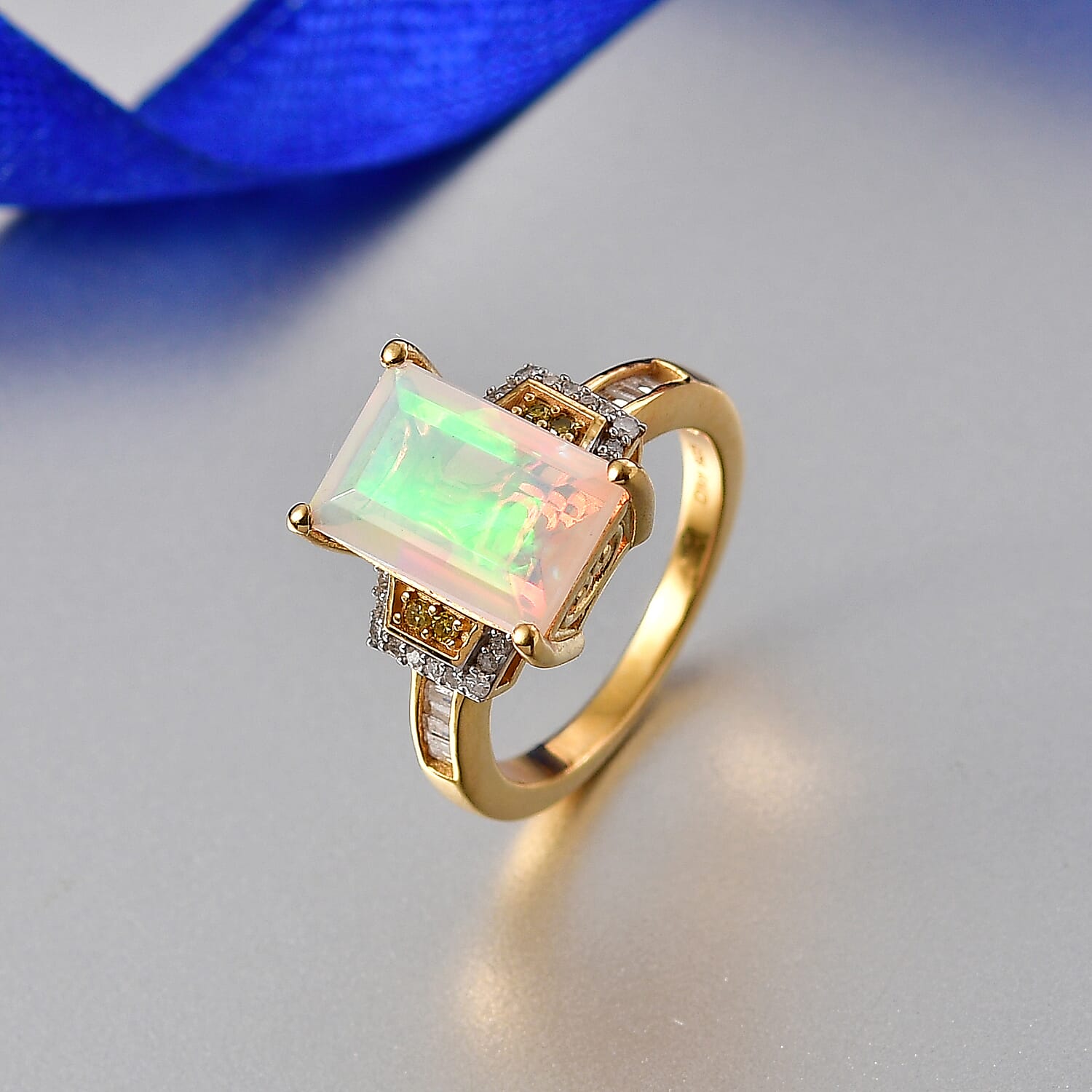 D'Joy Ethiopian Opal, Yellow Diamond & White Diamond Ring in 18K Vermeil Yellow Gold Plated Sterling Silver 2.63 Ct.