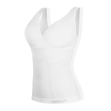 SANKOM Classic Seamless Wire-Free Bra with Vest - For Posture Correction - Body Slimming Vest (Size - L-XL) - White