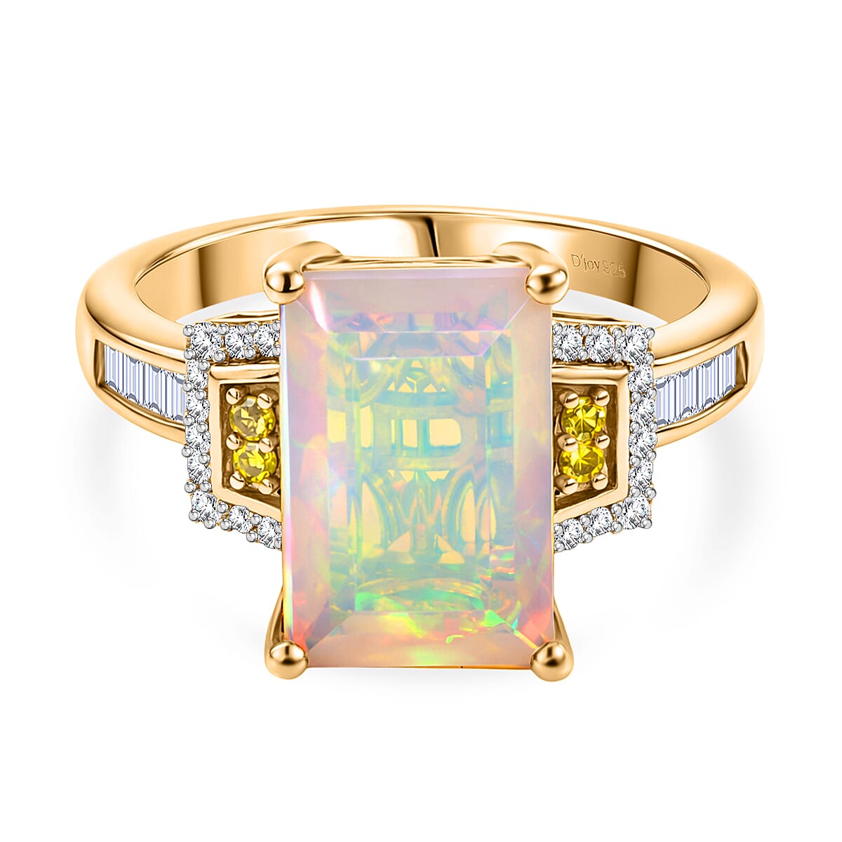 Biggest Size - Faceted Ethiopian Opal, Yellow Diamond and White Diamond Ring in 18K Vermeil Yellow Gold Plated Sterling Silver 2.63 Ct.
