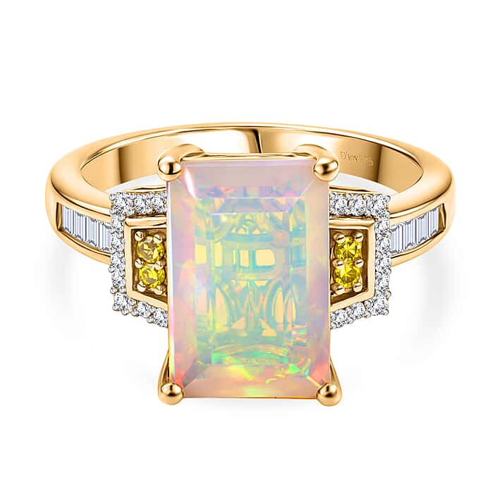 Biggest Size - Faceted Ethiopian Opal, Yellow Diamond and White Diamond Ring in 18K Vermeil Yellow Gold Plated Sterling Silver 2.63 Ct.