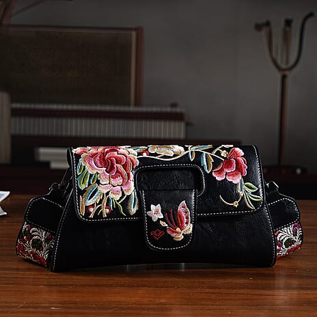 Floral Embroidered Crossbody Bag - Black