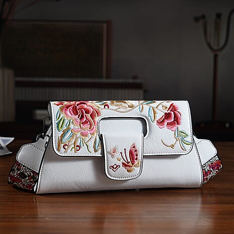 Floral Embroidered Crossbody Bag - White