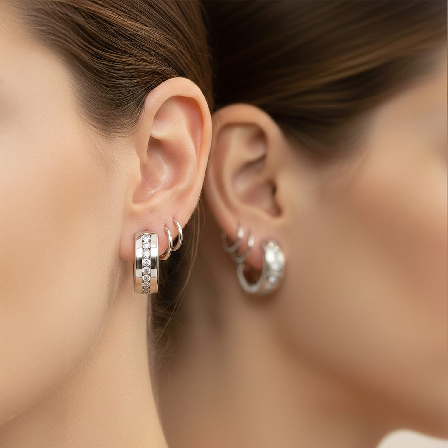 LUXURIANT SI-GH Lab Grown Diamond Half Hoop Earring in Rhodium Overlay Sterling Silver 1.17 Ct, Silver Wt. 8.66 Gms