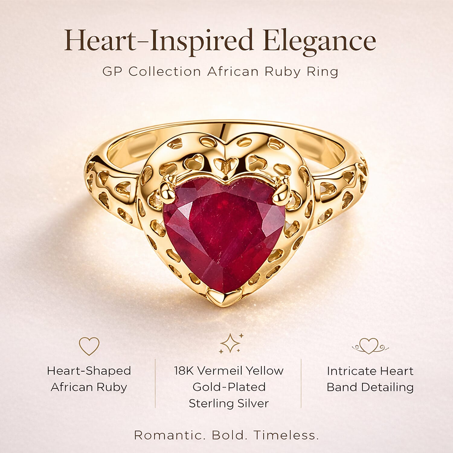 GP Family Legacy Italy - African Ruby & Kanchanaburi Blue Sapphire Heart Ring in 18K Vermeil Yellow Gold Plated Sterling Silver 2.49 Ct.