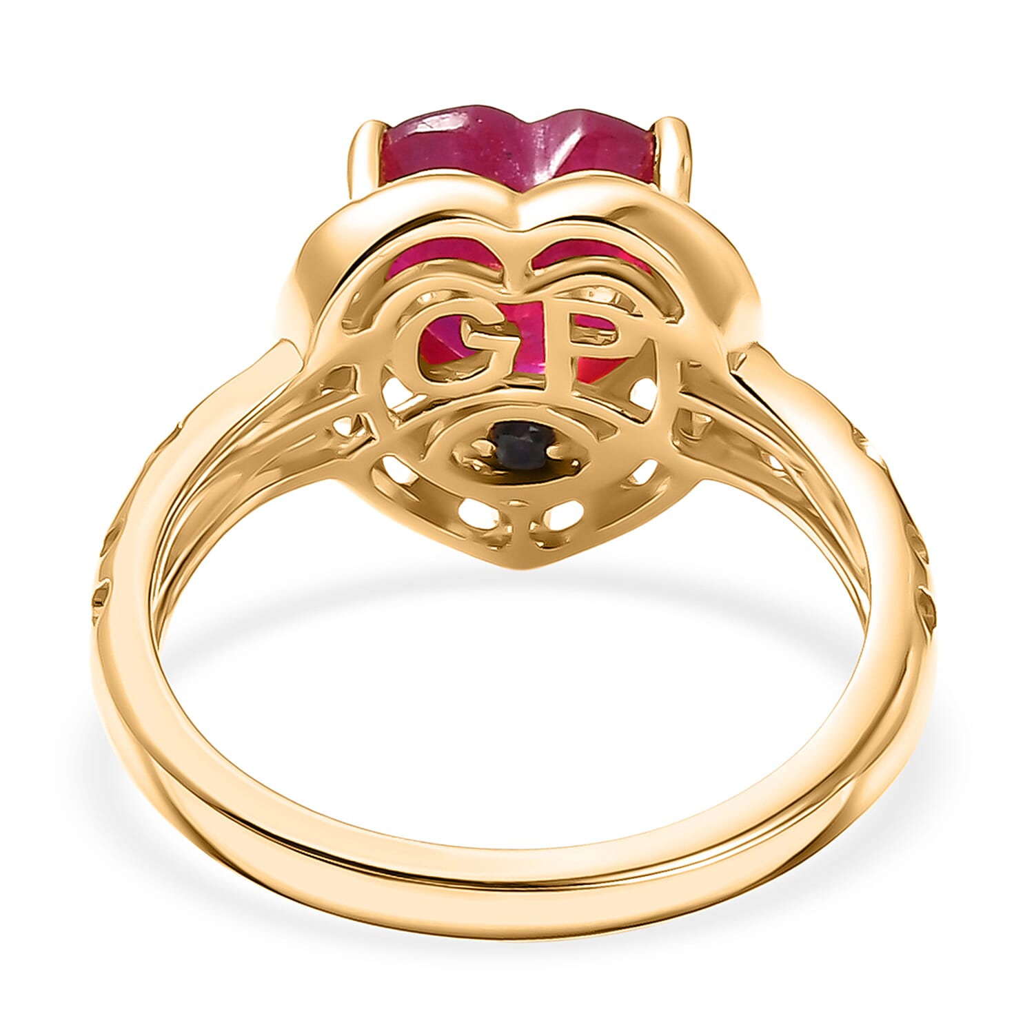 GP Family Legacy Italy - African Ruby & Kanchanaburi Blue Sapphire Heart Ring in 18K Vermeil Yellow Gold Plated Sterling Silver 2.49 Ct.