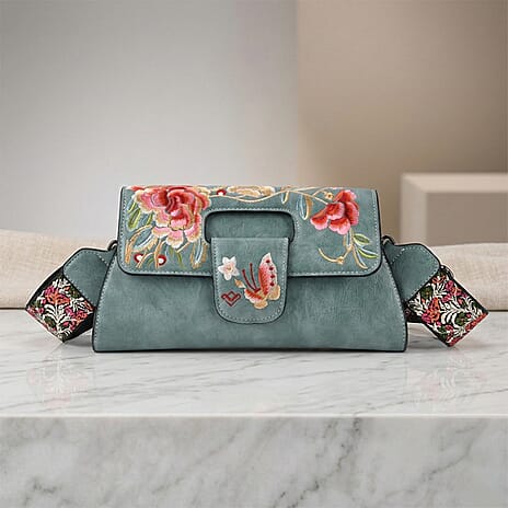 Floral Embroidered Crossbody Bag - Teal