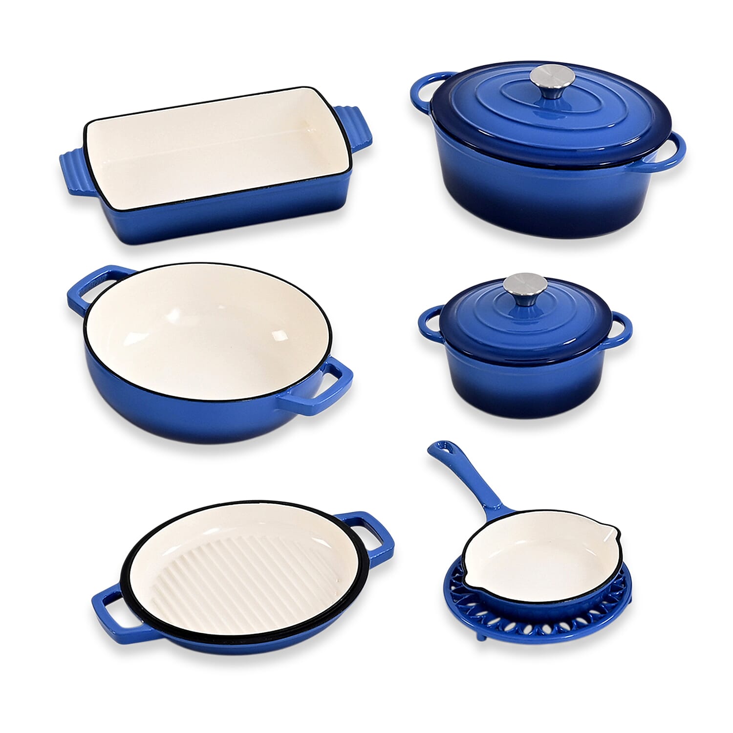 Brand New Launch - 9 Piece Cast Iron Cookware Set - Induction Safe Casserole Pot, Fry Pan, Roaster - Dual Handle Pot with Trivet - Blue