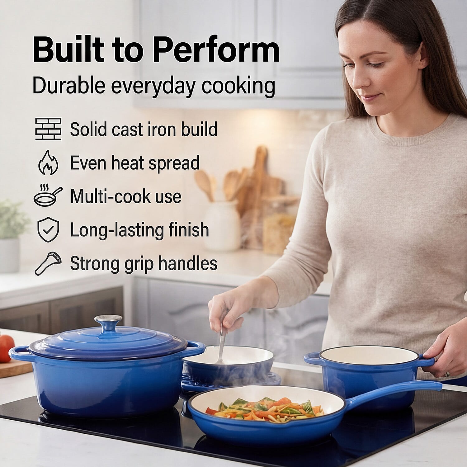 Brand New Launch - 9 Piece Cast Iron Cookware Set - Induction Safe Casserole Pot, Fry Pan, Roaster - Dual Handle Pot with Trivet - Blue