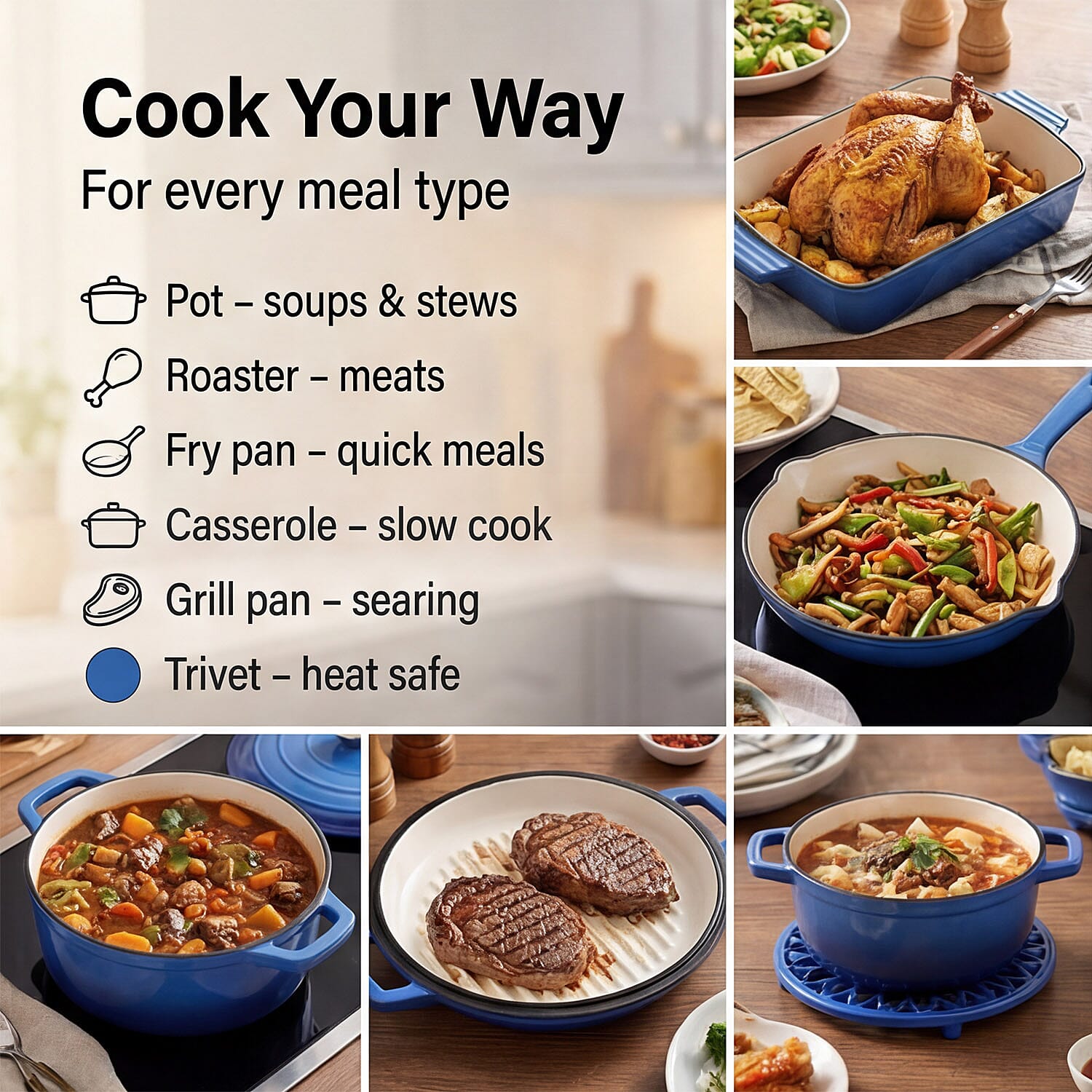 Brand New Launch - 9 Piece Cast Iron Cookware Set - Induction Safe Casserole Pot, Fry Pan, Roaster - Dual Handle Pot with Trivet - Blue