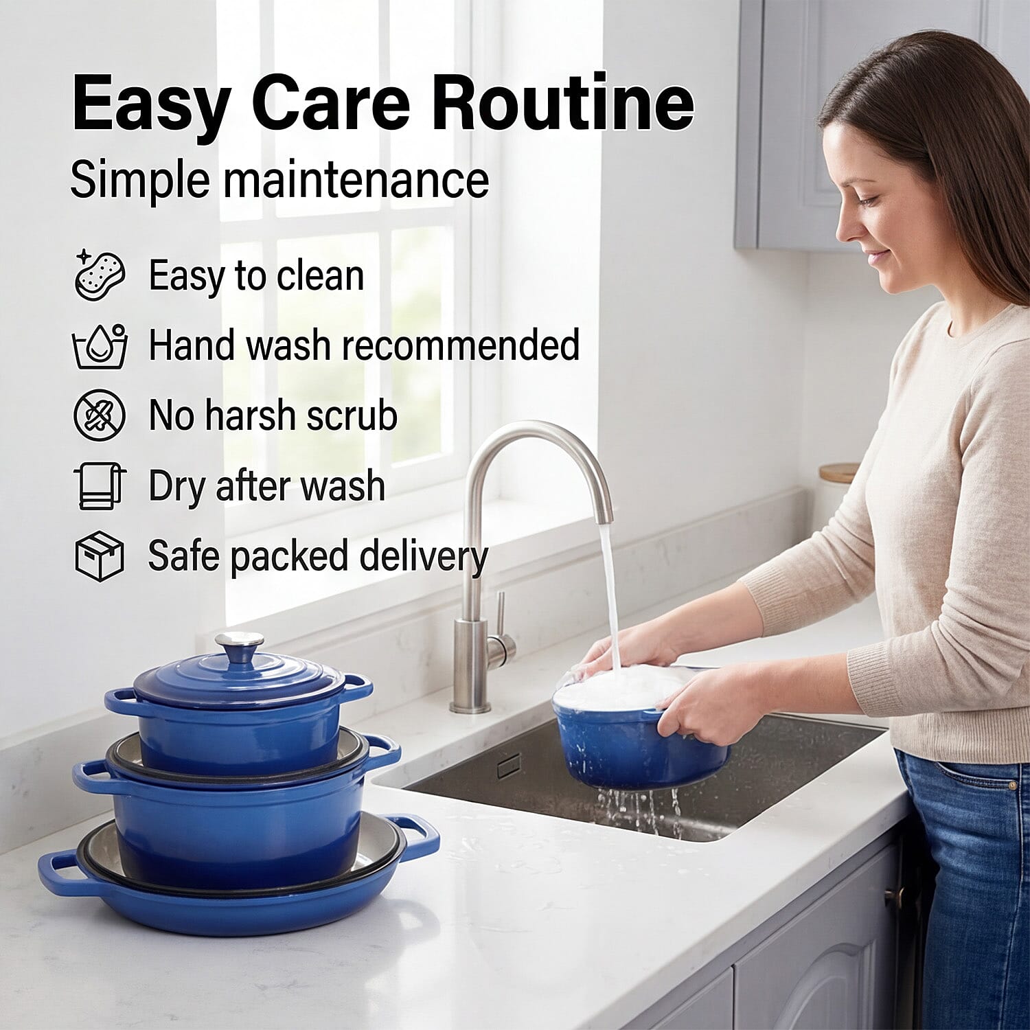 Brand New Launch - 9 Piece Cast Iron Cookware Set - Induction Safe Casserole Pot, Fry Pan, Roaster - Dual Handle Pot with Trivet - Blue