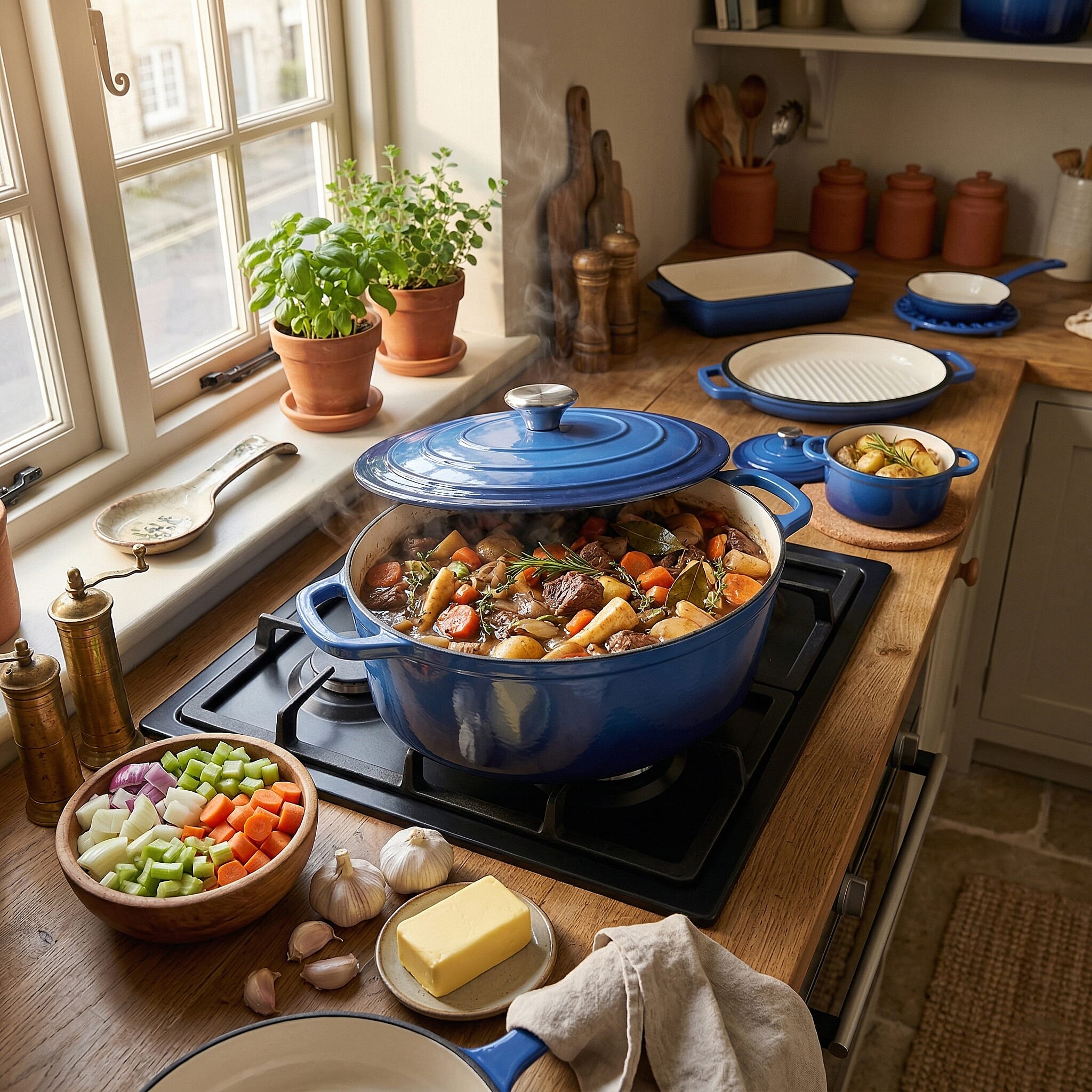 Brand New Launch - 9 Piece Cast Iron Cookware Set - Induction Safe Casserole Pot, Fry Pan, Roaster - Dual Handle Pot with Trivet - Blue