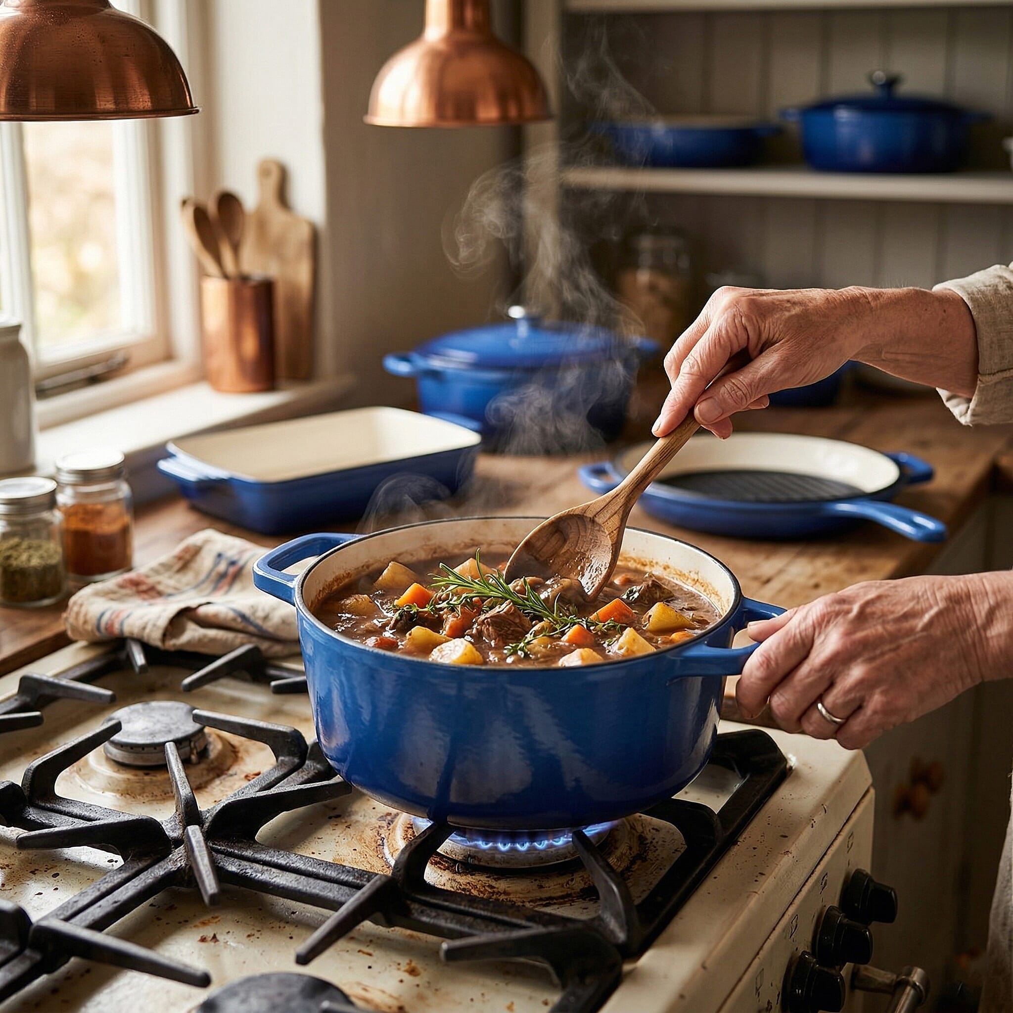 Brand New Launch - 9 Piece Cast Iron Cookware Set - Induction Safe Casserole Pot, Fry Pan, Roaster - Dual Handle Pot with Trivet - Blue