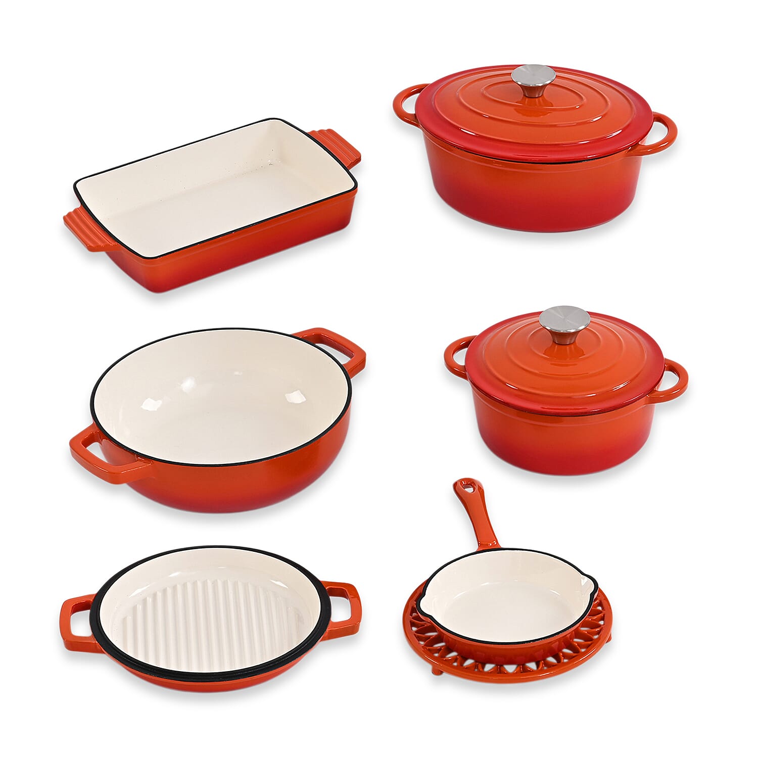 9 - Piece Cast Iron Cookware Set - Induction Safe Casserole Pot, Fry Pan, Roaster - Dual Handle Pot with Trivet - Orange - White