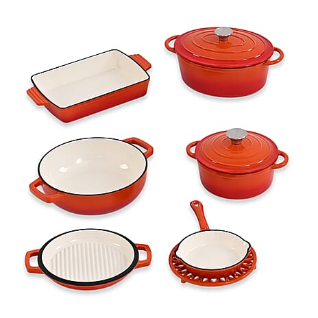 9 - Piece Cast Iron Cookware Set - Induction Safe Casserole Pot, Fry Pan, Roaster - Dual Handle Pot with Trivet - Orange - White