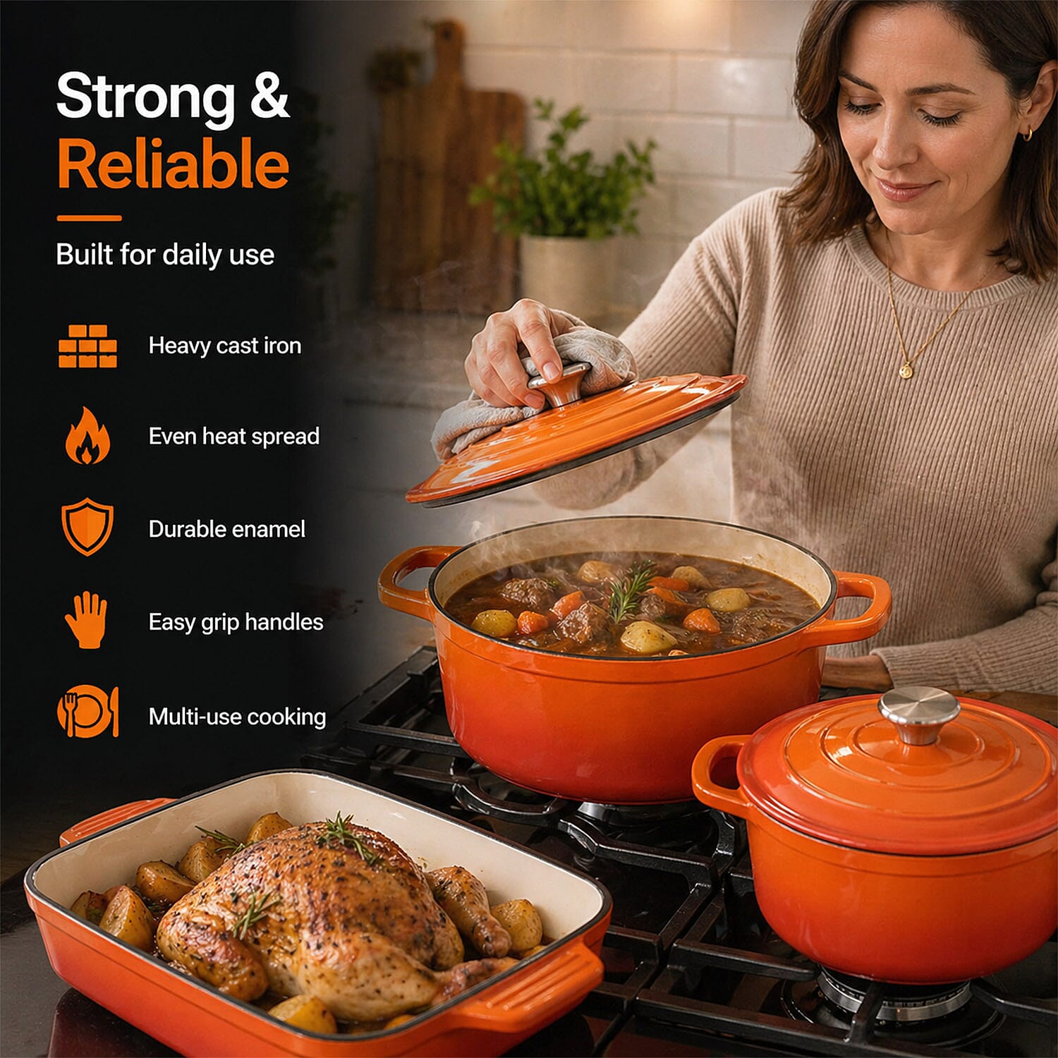 9 - Piece Cast Iron Cookware Set - Induction Safe Casserole Pot, Fry Pan, Roaster - Dual Handle Pot with Trivet - Orange - White