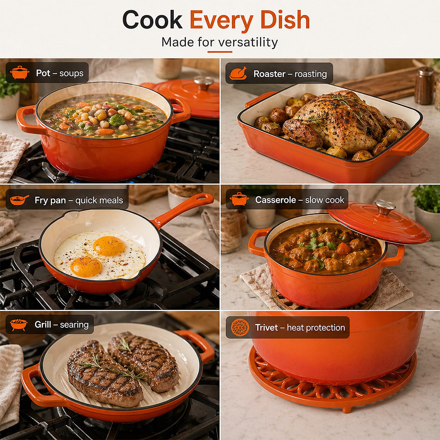 9 - Piece Cast Iron Cookware Set - Induction Safe Casserole Pot, Fry Pan, Roaster - Dual Handle Pot with Trivet - Orange - White