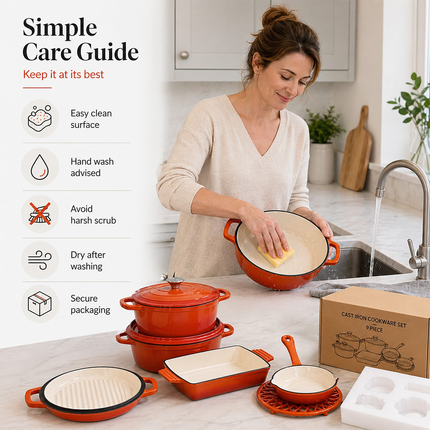 9 - Piece Cast Iron Cookware Set - Induction Safe Casserole Pot, Fry Pan, Roaster - Dual Handle Pot with Trivet - Orange - White