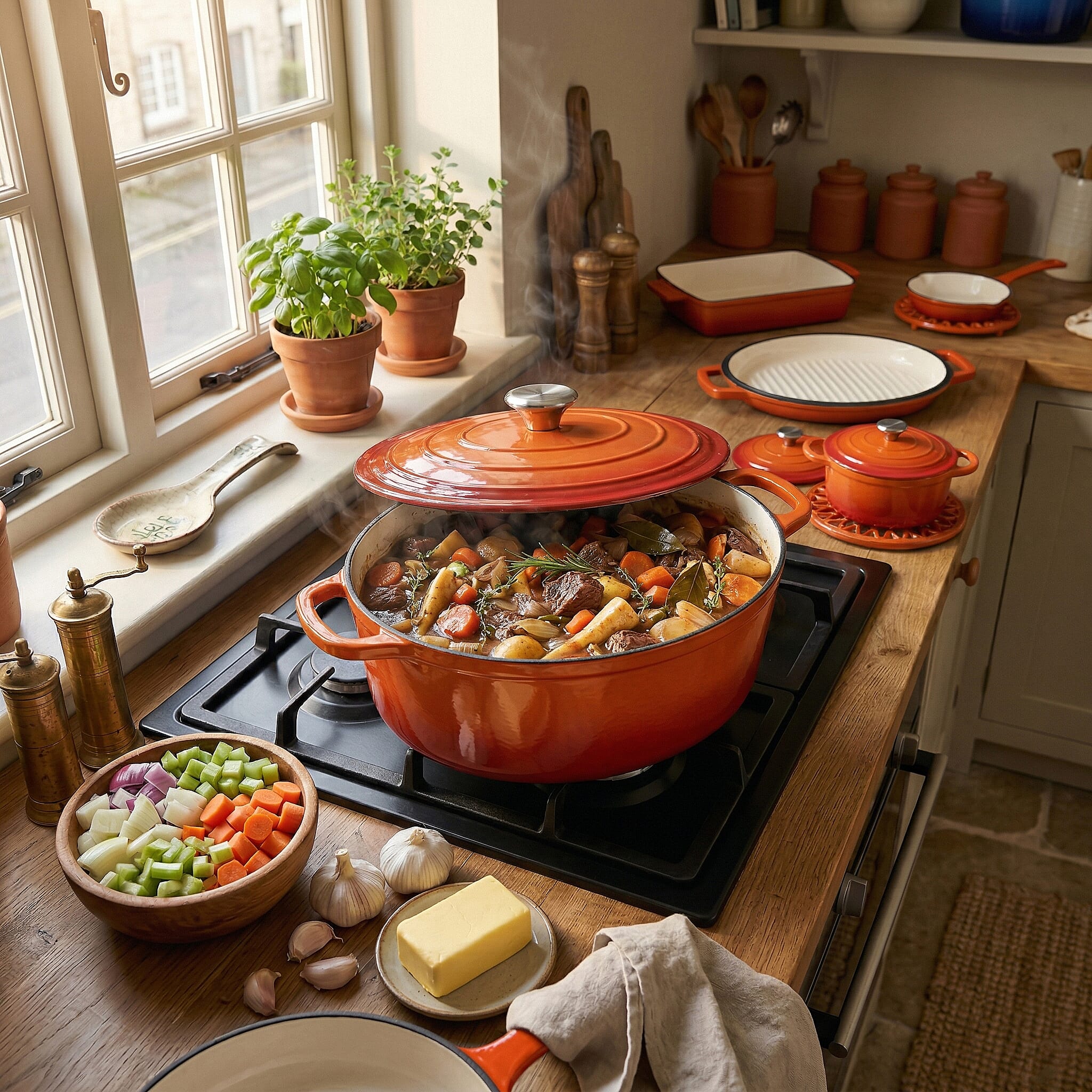 9 - Piece Cast Iron Cookware Set - Induction Safe Casserole Pot, Fry Pan, Roaster - Dual Handle Pot with Trivet - Orange - White