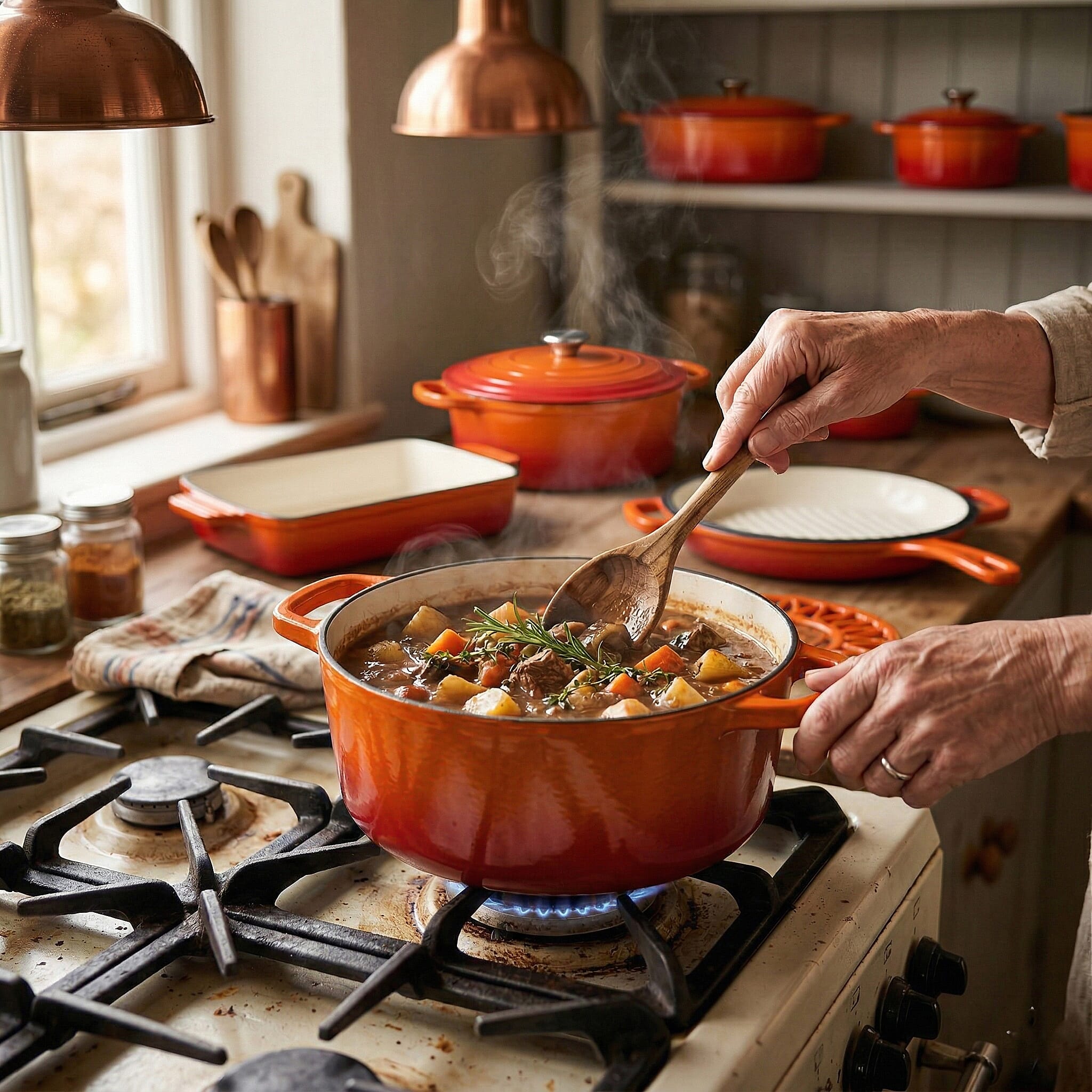 9 - Piece Cast Iron Cookware Set - Induction Safe Casserole Pot, Fry Pan, Roaster - Dual Handle Pot with Trivet - Orange - White