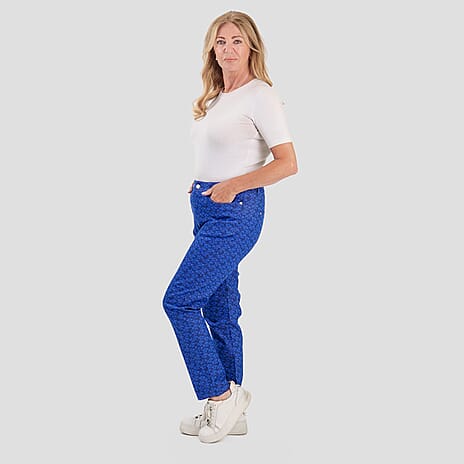 Sugar Crisp Denim Floral Print Straight Fit Casual Jeans with Button Detail (Size 12) - Sea Blue