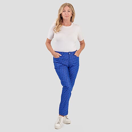 Sugar Crisp Denim Floral Print Straight Fit Casual Jeans with Button Detail (Size 14) - Sea Blue