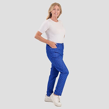 Sugar Crisp Denim Floral Print Straight Fit Casual Jeans with Button Detail (Size 14) - Sea Blue
