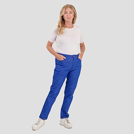 Sugar Crisp Denim Floral Print Straight Fit Casual Jeans with Button Detail (Size 16) - Sea Blue