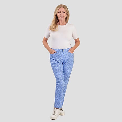 Sugar Crisp Denim Floral Print Straight Fit Casual Jeans with Button Detail (Size 12) - Light Blue