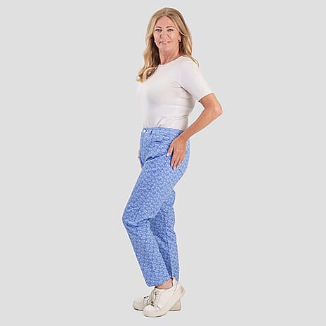 Sugar Crisp Denim Floral Print Straight Fit Casual Jeans with Button Detail (Size 14) - Light Blue