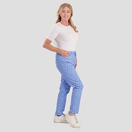 Sugar Crisp Denim Floral Print Straight Fit Casual Jeans with Button Detail (Size 18) - Light Blue