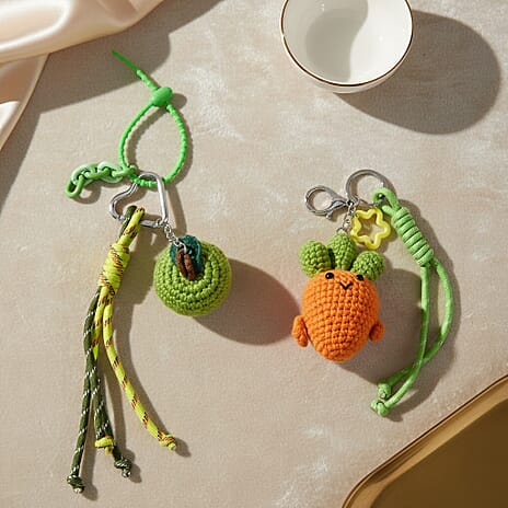 Set of 2 Crochet Fruit Charms Keychain - Green & Orange