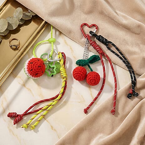 Set of 2 Crochet Fruit Charms Keychain - Red & Green