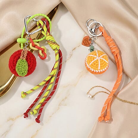 Set of 2 Crochet Fruit Charms Keychain - Orange & Red